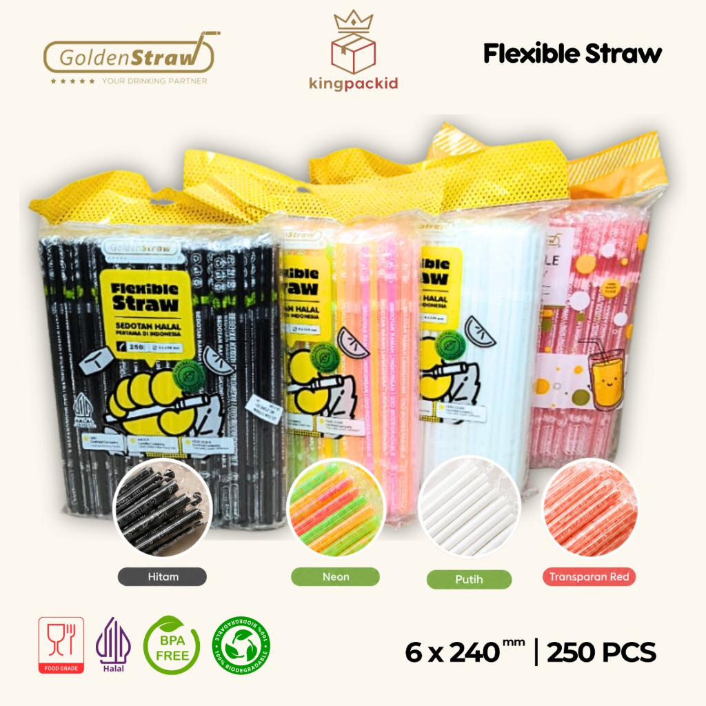 Sedotan Flexible Tekuk Golden Straw 6mm x 24cm Isi 250 pcs