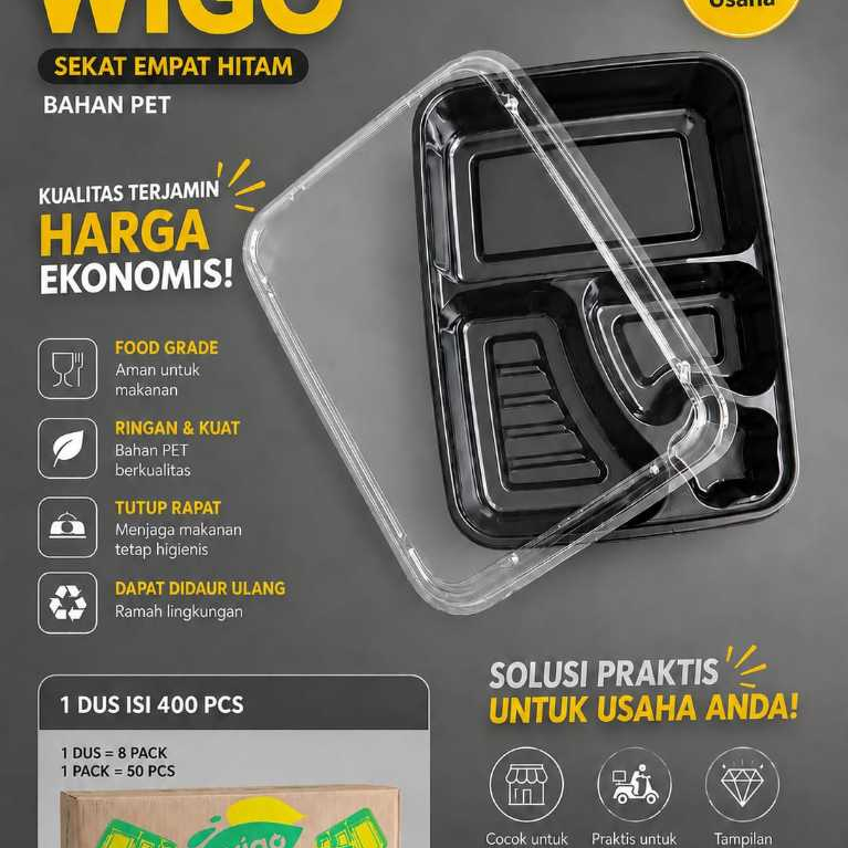 Mika Bento Sekat 4 Wigo + Tutup / Mika Bento Plastik / Mika Bento 4 Sekat Hitam / Tray Bento