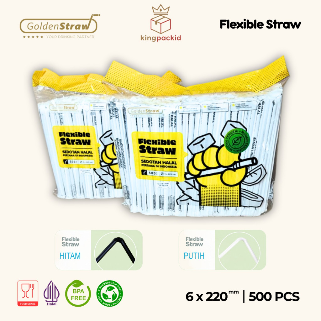 Sedotan Flexible Tekuk Golden Straw 6mm x 22cm Isi 500 pcs