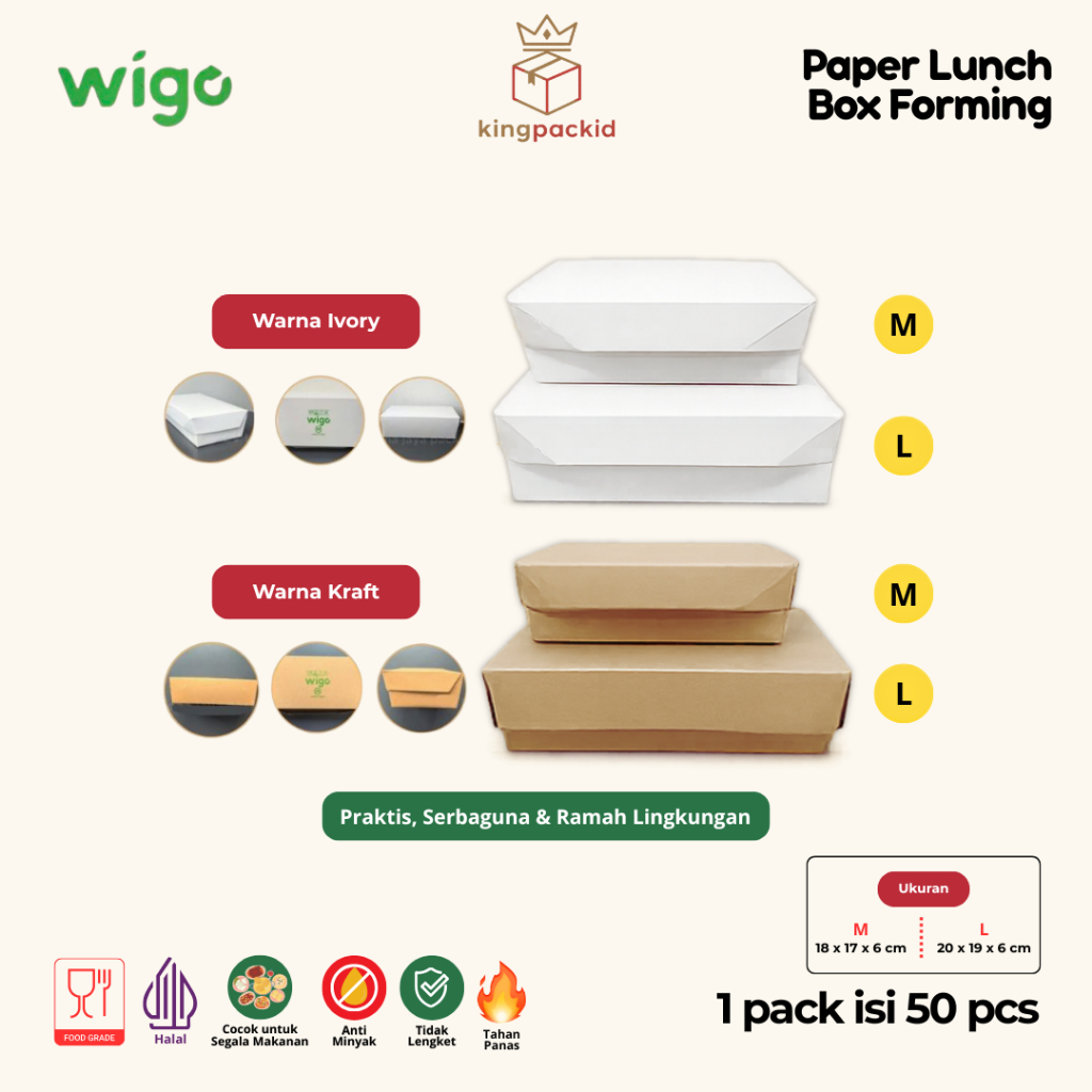 Lunch Box Forming Wigo Polos Size M dan L | Kemasan Makanan FoodGrade Ivory | Food Box Putih Laminasi PE [isi 50]